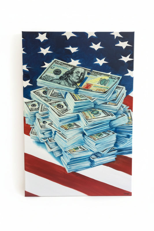 A vertical canvas painting depicting a large pile of stacked $100 bills on an American flag background, shown standing upright.