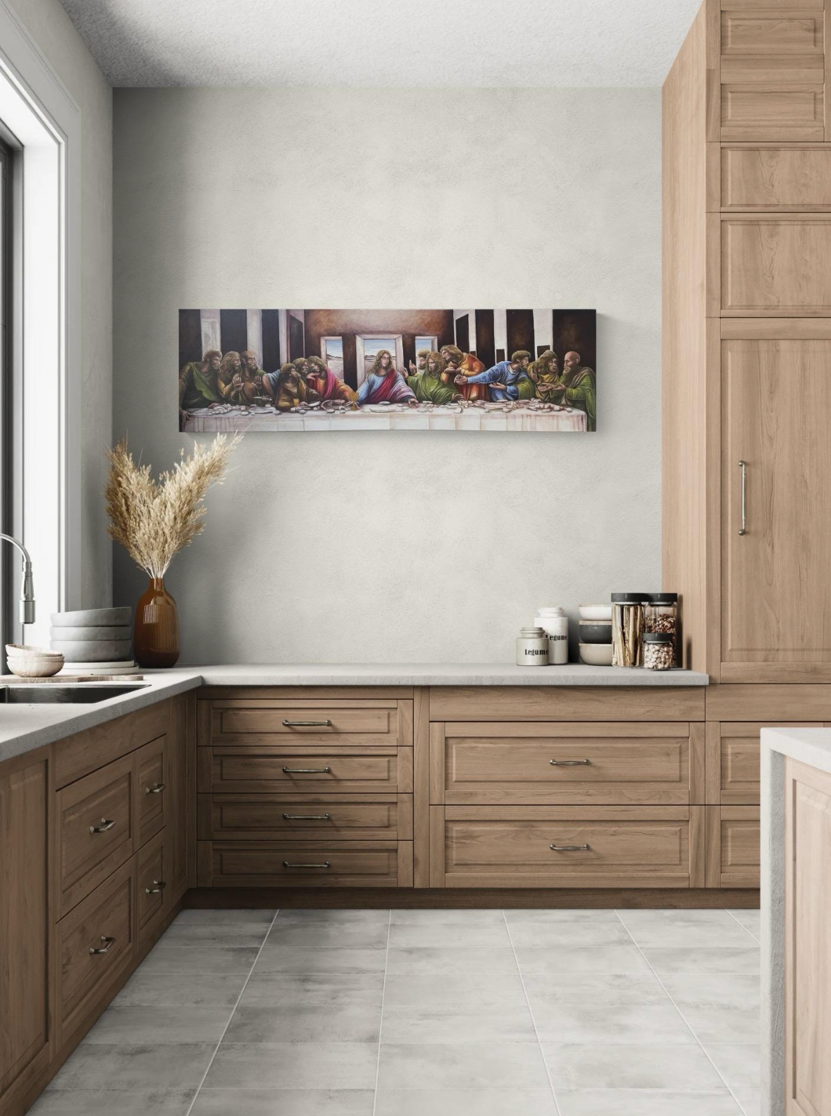 Modern kitchen with wooden cabinets and a painting of 'The Last Supper' on the wall.