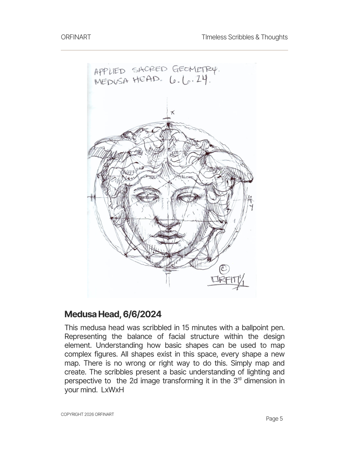 A printed page titled 'Olfnart Timeless Scribbles & Thoughts' showing a sketch of a Medusa head with handwritten notes above it and a short descriptive caption below, on a white page.