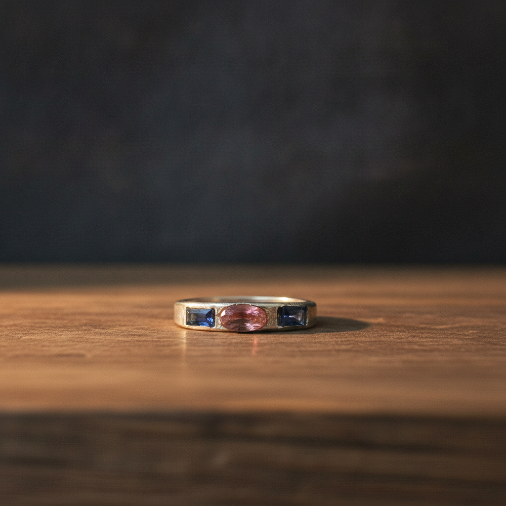 A silver band ring featuring a central marquise-cut pink gemstone flanked by two round-cut blue gemstones, resting on a wooden surface with a dark, out-of-focus background.
