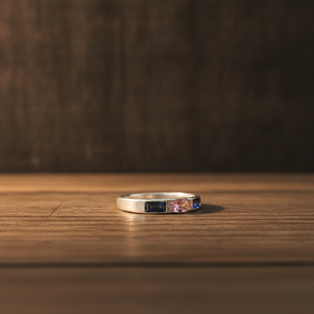 A silver band ring with a rectangular dark blue stone and a smaller round pink stone, resting on a wooden surface against a dark wood background.