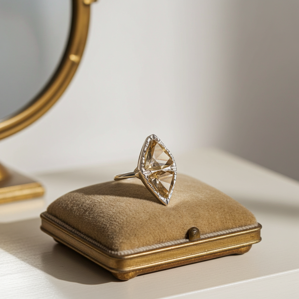 A gold ring with a large marquise-cut clear gemstone displayed on a small beige velvet ring box, with a softly blurred gold-framed mirror in the background.