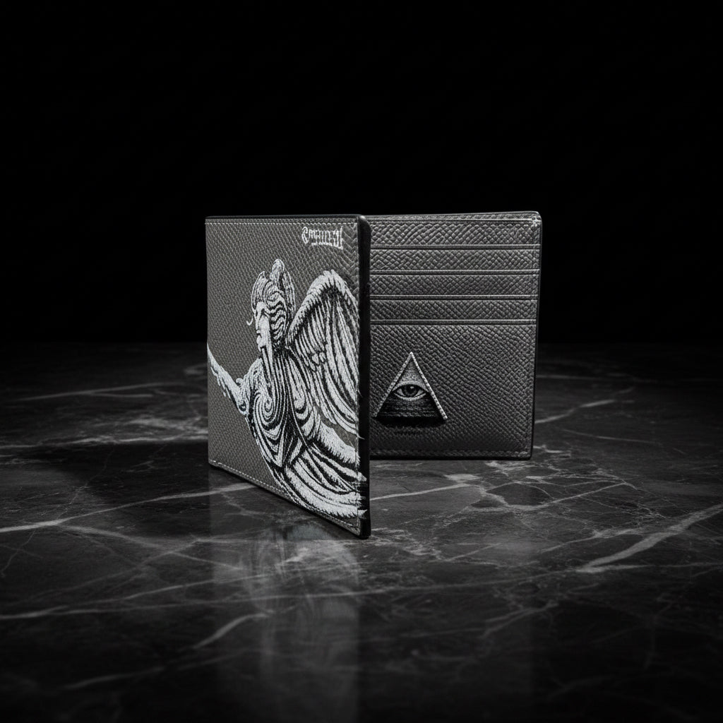 A black textured leather bifold wallet with a white winged angel illustration on the front and an all-seeing eye symbol on the inside, displayed on a dark marble surface against a black background.