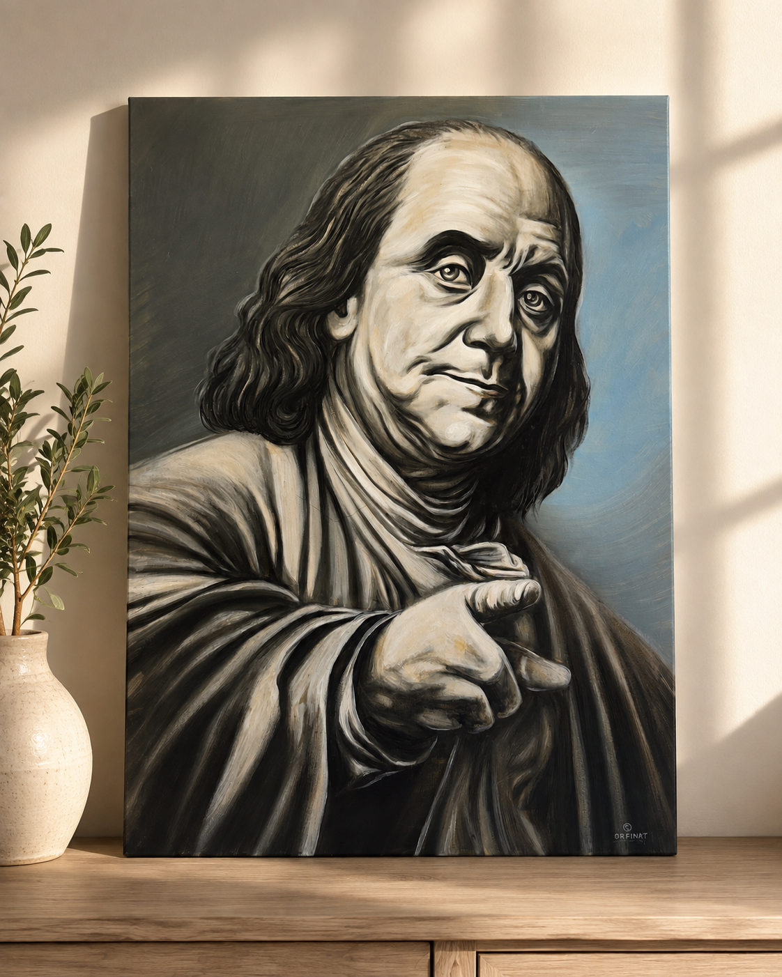 A canvas oil painting featuring a stylized portrait of Benjamin Franklin pointing, displayed leaning against a wall on a wooden surface next to a vase with greenery.